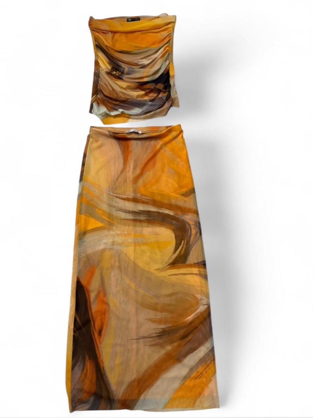 Zara Abstract Swirl Maxi Skirt in Mustard Yellow and Brown